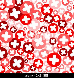 Plus cross pattern. Abstract medical seamless background. Vector hospital and healthcare geometric symbol. Simple red elements on white backdrop. Stock Vector