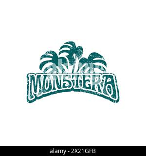 Monstera Leaf Grunge Logo Design, Monstera Grunge Background Stock Vector