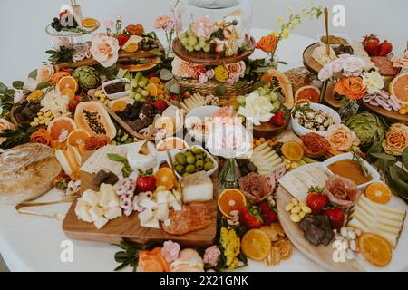 Large Colorful Charcuterie Spread with Fruits, Vegetables and Snacks Stock Photo