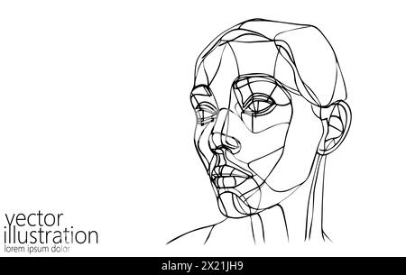 One line AI cyborg woman face. Smart assistant artificial intelligent computer future technology. Isolated one-line drawing sketch silhouette girl Stock Vector