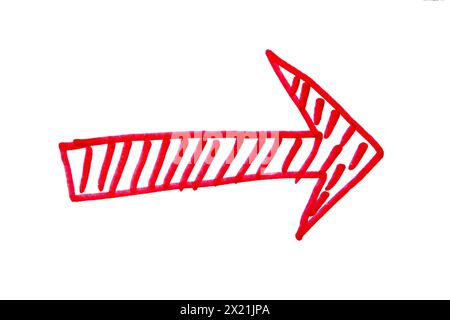 Arrow drawn with red marker on white background, clipping path Stock Photo