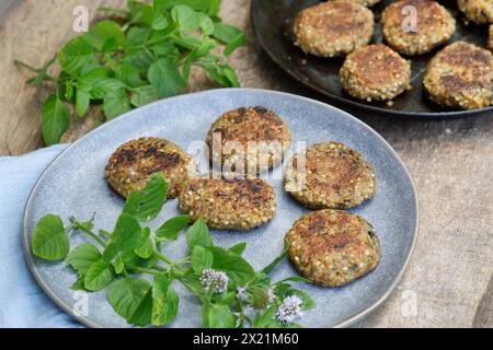 Making vegan herb patties, step 5: Ready-made herb patties arranged on a plate, serial image 5/5 Stock Photo