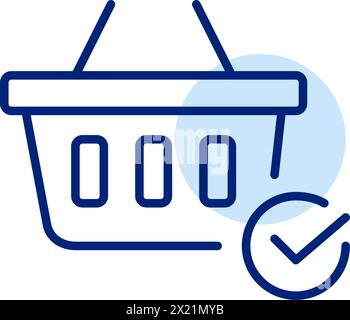 Basket with checkmark symbol. items added automatically checked off from a shopping list or marked as purchased Stock Vector