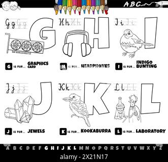 Black and white cartoon illustration of capital letters from alphabet educational set for reading and writing practise for children from G to L colori Stock Vector