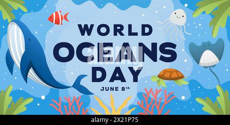 world ocean day horizontal banner illustration in gradient style Stock Vector
