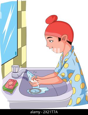 Vector boy washing his hands in the washbasin vector illustration Stock Vector