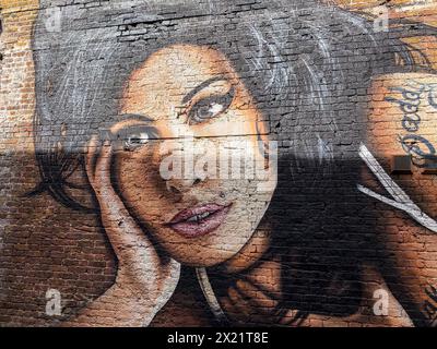 A mural depicting Amy Winehouse is seen near The Hawley Arms pub in Camden in London. Stock Photo