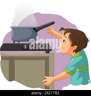 Curious boy eager to touch hot utensil placed on the gas vector illustration Stock Vector