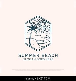 sunset Beach logo design with line art simple vector minimalist illustration template, summer logo designs Stock Vector