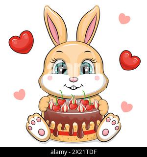 Cute cartoon bunny with a cake. Vector illustration of an animal on a white background with red hearts. Stock Vector