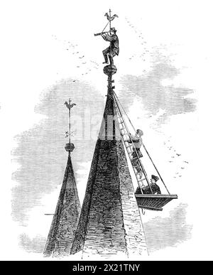 The War in Denmark: Prussian look-out on Broacker Church spire - from a sketch by our special artist, 1864. A '...look-out man climbing the church spire of Broacker to obtain a bird's-eye view of the country around...By opening a door in the side of the steeple, which fell back into a horizontal position and so served as a platform, and by planting a ladder upon it he had got to the top of the steeple; then began the ascent of the finial, and that was more difficult, but its base is an iron ball, looking like a cauldron with the cover on, and upon this he had managed to get and thence firmly t Stock Photo