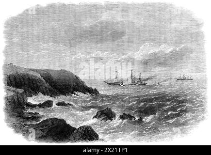 The City of New York steam-ship on Daunt's Rock, at the entrance of Queenstown Harbour, [Ireland], 1864. 'The steam-ship City of New York, one of the ships belonging to the Liverpool, New York, and Philadelphia Steam-ship Company, usually called the Inman line, remains still fixed upon Daunt's Rock, at the entrance of Cork or Queenstown harbour, where she struck on the morning of Tuesday week. [The engraving]...shows the position of the ship last Saturday, when she presented no external appearance of injury; the tug-boats were alongside removing her cargo, and there was another large steamer, Stock Photo