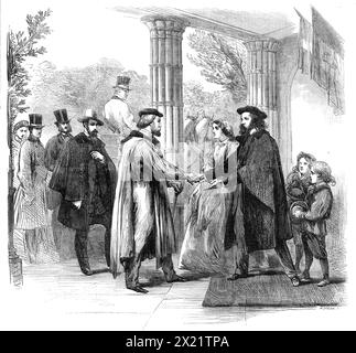 Garibaldi in England: the meeting of Garibaldi and Tennyson at Faringford House, Isle of Wight, 1864. Italian hero General Garibaldi at Tennyson's house in Freshwater. From &quot;Illustrated London News&quot;, 1864. Stock Photo