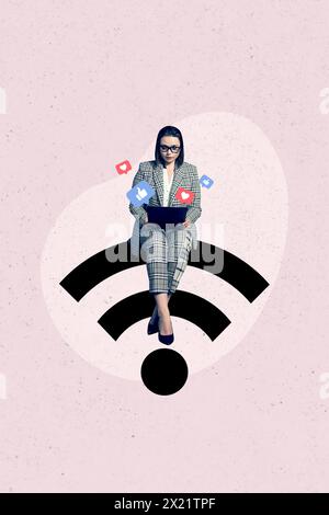 Sketch image composite artwork photo collage of business lady sit on huge wifi signal hold laptop on legs get feedbak heart like thumb Stock Photo