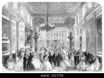 The Duchess of Sutherland's assembly at Stafford House in honour of Garibaldi, 1864. Scene depicting an episode during '...the General's sojourn in this metropolis [ie London, when he enjoyed] the splendid entertainment provided by the hospitality of the Duke and Duchess of Sutherland. The superbly-decorated apartments of Stafford House were never seen to greater advantage than when crowded by this great assembly to do honour to an illustrious guest of the noble Duke and of the nation'. From &quot;Illustrated London News&quot;, 1864. Stock Photo