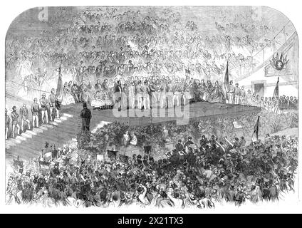 Garibaldi in England: Garibaldi receiving addresses at the Crystal Palace, 1864. '...we see the dais erected in front of the great orchestra, in the north transept, where Garibaldi is seated while the various deputations hand to him their written addresses as they pass across the platform in front of his chair. A deputation of Englishmen who served as volunteers in Garibaldi's army of 1860 in Naples is standing before him in our representation of the scene'. From &quot;Illustrated London News&quot;, 1864. Stock Photo