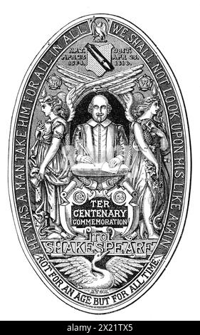 The Seal of the National Shakspeare Committee, 1864. Commemoration of the Tercentenary of Shakespeare's birth. 'We have engraved the design of the official seal of the National Shakspeare Committee. It is by Mr. John Leighton. It exhibits the Stratford bust of the poet, supported by the Muses of Tragedy and Comedy, both of them furnished with wings, and crowned with tongues of fire. The emblem of Eternity, a Serpent coiled in a circle, encompasses this group. The &quot;Swan of Avon&quot; is below it; while above it are the arms of Shakspeare, and the monograms of Queen Elizabeth and Queen Vict Stock Photo