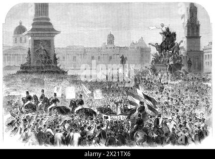 Garibaldi's visit to London: arrival at Charing-Cross, [London], 1864. View of '...the scene which took place at Charing Cross...when Garibaldi had arrived so far on his way to Stafford House. He is here seated in a four-horse carriage belonging to the Duke of Sutherland. Mr. John Richardson, the honorary secretary of the City reception committee, and Mr. Brinton, the Mayor of Southampton, were in the same carriage with him. His two sons, Menotti and Ricciotti, with one of his Italian secretaries and Sir Robert Nicholson, late a Captain in Garibaldi's army, followed in the next carriage'. Supp Stock Photo