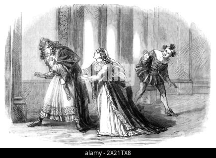 The Shakspeare Commemoration at Stratford-On-Avon: scene from &quot;The Comedy of Errors&quot;, as performed in the Festival Pavilion, 1864. Celebrating the tercentenary of William Shakespeare's birth. Play performed by the company of the Princess's Theatre. 'It is the scene in which Antipholus of Syracuse, being mistaken for his brother of Ephesus by the wife of the latter, is accosted, very much to his astonishment, with conjugal entreaties and reproaches, by Adriana, whom he never saw before in his life. She has been scolding him for his neglect, and she now insists upon taking his arm and Stock Photo