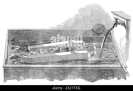 Model of a fish-ladder for salmon to ascend milldams and weirs, on view at the office of the Inspector of Fisheries, in Whitehall, 1864. 'Mr. Ffennell, the Inspector of Fisheries for England, has now for exhibition, at his office, 8 Richmond-terrace, Whitehall, a model of a fish-ladder, which is represented in our Engraving. The author of this valuable contrivance was the late Mr. Smith, of Deanston. Its object is to enable salmon and other fish to ascend milldams, and similar impediments, in their course up the rivers to their spawning-grounds; while the waste water is, by this apparatus, so Stock Photo