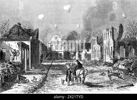 The War in Denmark: the town of Sonderburg in ruins after the bombardment, 1864. Engraving '...from a sketch taken by Mr. Simonsen, our Danish Artist, in the town of Sonderburg a fortnight after its bombardment - that cruel and wanton act, for which, as Earl Russell has observed, &quot;the Prussian army must remain under the reprobation of all civilised countries.&quot; The view which is here presented shows what damage was caused to the houses by the enemy's shells falling in the little square of Sonderburg, near the newly-built Townhall. But it must be left to the imagination to conceive the Stock Photo
