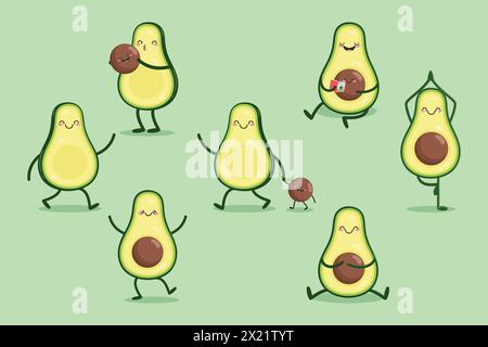 Cute cartoon Avocado character and baby avocado seed set. Healthy lifestyle and self care. Flat style. Vector illustration Stock Vector