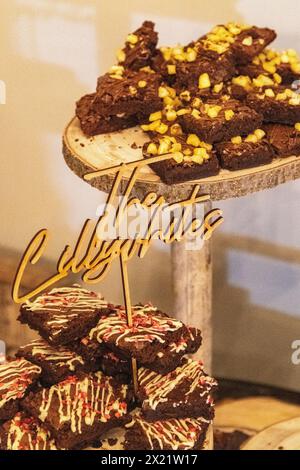 Wedding cake brownies on display at a wedding at Botley Hill Farm in Surrey, UK Stock Photo
