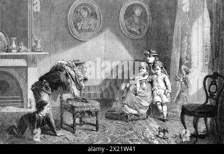 &quot;The Photographer&quot;, by W. Bromley, in the Exhibition of the Society of British Artists, 1864. Engraving of a painting. 'Look...at the little boys...How laughably they copy the mysterious proceedings and apparatus of a photographer! They have placed the music-stool on a chair, and...have constructed something which bears a general resemblance, in form, to a camera and stand...they have evidently posed the group to be photographed; and one boy, in mimicry of the &quot;photographic artist,&quot; puts his head under a shawl and looks through the music tube in order to adjust the focus... Stock Photo