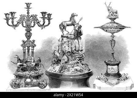 Ascot Races: the Ascot Gold Cup, the Queen's Gold Vase, the Royal Hunt Cup, 1864. Trophies in horse racing. From &quot;Illustrated London News&quot;, 1864. Stock Photo