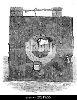 The Agincourt Target, experimented on by the Mackay Gun, 1864. Engraving from a photograph by Mr. J. Wilson of tests on '...the gun invented by Mr. James Mackay...and manufactured by the Mersey Steel and Ironworks Company. It has been tried at various ranges against a target similar to the sides of the iron-clad steamer Agincourt...[The] gun is of wrought iron, weighs nine tons, has a bore of 8'12 inches...The target consisted of an outer plate, 7 ft. square and 5½ in. thick, of rolled iron; next came 9 in. of teak, then an inner plate or skin three fourths of an inch thick, then angle ir Stock Photo