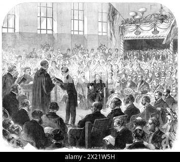 The Prince of Wales at the Apposition of St. Paul's School, on Wednesday, June 15, 1864. 'The public distribution of prizes and recital of speeches at St. Paul's School [in London] was honoured with the presence of the Prince of Wales (future King Edward VII). His Royal Highness, accompanied by the Earl of Mount-Edgcumbe, General Knollys, and Colonel Keppel...[was] received by the High Master, the Rev. Dr. Kynaston, and by the Master and Wardens of the Mercers' Company...When the Prince entered he was loudly cheered by the boys and men; the ladies, too, rose in token of welcome. He was conduct Stock Photo