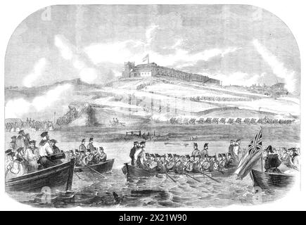 The siege operations in St. Mary's Creek, Chatham: boats advancing to the assault, 1864. Mock battle. View of '...the advance of the Royal Marines in the boats which conveyed them up St. Mary's Creek to the place where they landed for the attack. The fragments of the boom, already destroyed by exploding a bag of powder against it, are seen floating on the water. The naval officer seated in a boat at the right-hand corner of our Engraving, is the Commander of her Majesty's ship Wellesley, the guard-ship to which these boats belonged, as did likewise the launch, armed with a small gun at her bow Stock Photo