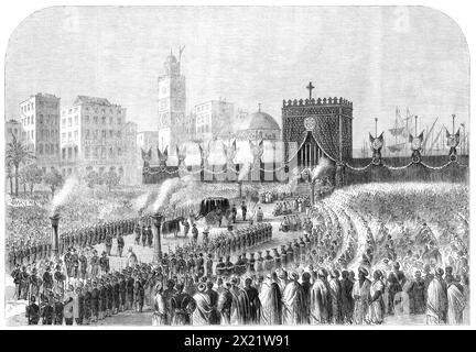 Obsequies of the Duke of Malakoff at Algiers on the 4th of June, 1864. Engraving from a sketch by Mr. Churchill, the Consul-General. '...the mortal remains of the Duke of Malakoff (Marshal Pelissier), the late Governor of that province, were embarked on board a ship of war to be transported to France...the arms of the deceased, and the four words, &quot;Spain, Greece, Africa, Crimea,&quot; denoting the countries where he passed the chief part of his military career, were inscribed [on the altar]...across the whole width of the principal square of the city, was stretched a curtain of black clot Stock Photo