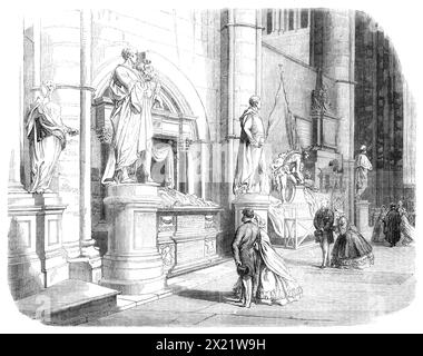 The last resting-place of the late Earl Canning in the North Transept of Westminster Abbey, 1862. 'The mortal remains of the ex-Viceroy of India were on the 21st June committed to the grave at the foot of his father's statue...the same grave at the head of which Charles John Canning, the orphan Eton boy, stood thirty-five years ago, supported by the Dukes of Clarence and Sussex, and surrounded by distinguished statesmen, amongst whom was Lord Palmerston, who has been spared to take part in the touching and solemn ceremonial of Saturday week'. From &quot;Illustrated London News&quot;, 1864. Stock Photo