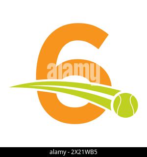 Tennis Logo On Letter 6 Concept With Moving Tennis Ball Symbol. Tennis Sign Stock Vector