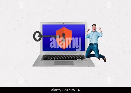 Sketch image composite trend artwork photo collage of huge laptop lock on device screen key unlock excited happy man jump up win Stock Photo