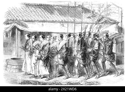 New-Year's Day in Japan - game of battledore and shuttlecock in the streets of Yokohama, 1865. Illustration of '...Japanese manners and customs which we have received from our Special Artist and Correspondent at Yokohama...you meet a procession of officers in butterfly wings going to pay visits, and bowing to the ground whenever they meet a procession higher in rank than their own. Everybody wishes everybody else happiness on this day. The good old Chinese custom of paying all the debts contracted during the year on or before New-Year's Eve is in full force here; and the man who has not wiped Stock Photo