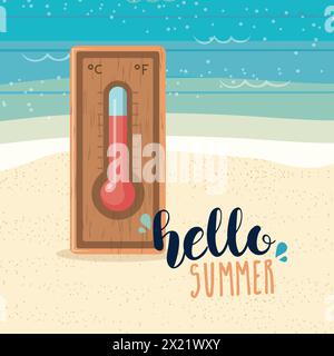 Beach background with a weather thermometer. Summer banner vector illustration Stock Vector
