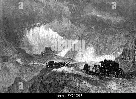 &quot;A Snowstorm on Mont Cenis&quot;, from the Farnley Hall Collection of drawings by J.M.W. Turner, R.A., 1865. Engraving of a photograph of a drawing, dated 1820, described by John Ruskin: 'The scene is on the summit of the pass, close to the hospice...This building, about 400 or 500 yards off, is seen in a dim, ashy grey, against the light, which, by help of a violent blast of mountain wind, has broken through the depth of clouds which hang upon the crags. There is no sky...nothing but this roof of drifting cloud; but neither is there any weight of darkness; the high air is too thin for it Stock Photo
