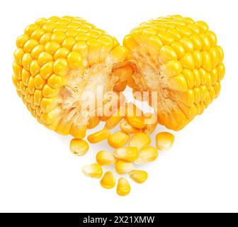 Maize cob pieces in heart shape isolated on white background. Stock Photo