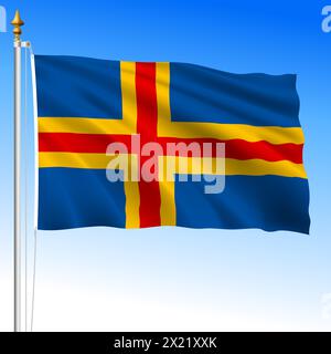 Aland official national waving flag, Finnish islands, vector illustration Stock Vector