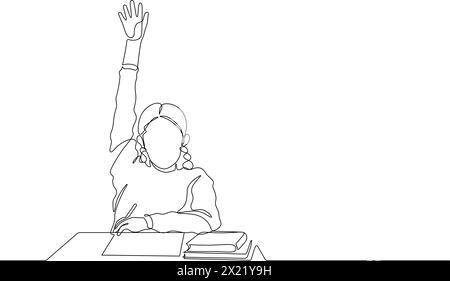 continuous line drawing of school children raising hand for signal answer asking and questions in classroom vector Stock Vector