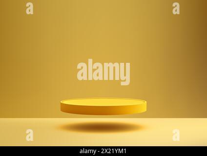 3D bright yellow circle podium floats in the center of a yellow background, Product display, Mockup, Showcase presentation. Vector illustration Stock Vector