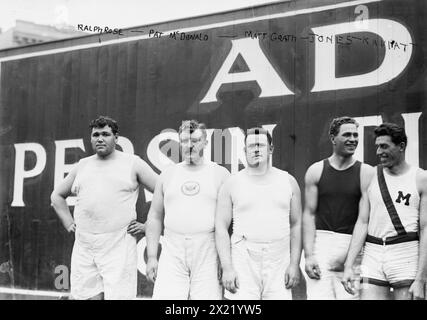 Ralph Rose, Pat McDonald, Matt Grath, Jones, Kaviatt [i.e., Kiviat], 1912. Shows members of the American track and field team at the 1912 Summer Olympics in Stockholm including Ralph Waldo Rose (1884-1913), Patrick Joseph McDonald (McDonnell) (1887-1954), Matthew John McGrath (1877-1941), John Paul Jones (1890-1970), and Albert Richard &quot;Abel&quot; Kiviat (1892-1991). Stock Photo