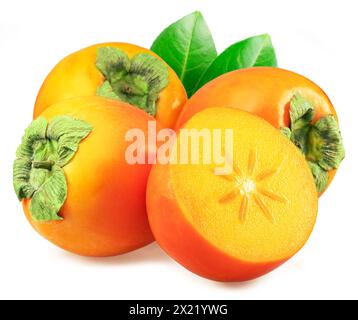 Ripe persimmon fruits or kaki fruits with leaves isolated on white background. Stock Photo