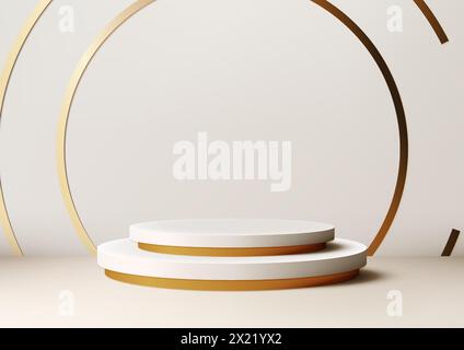 3D white podium with a gold rim sits on a white stage background, Luxury style, Product display, Mockup, Showcase presentation. Vector illustration Stock Vector