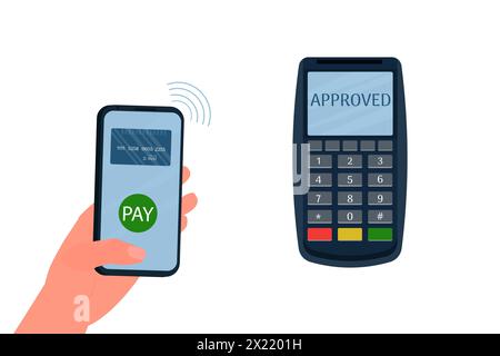 Payment by credit card using POS terminal and smartphone, approved payment. Wireless payment flat illustration. Vector illustration Stock Vector