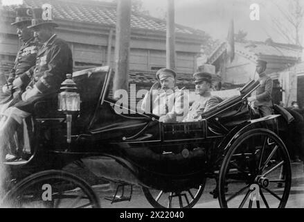 Grand Duke George Michaelowich &amp; Prince Kanin, 1916. Shows Prince Kan'in Kotohito (1865-1945), a member of the Japanese Imperial family riding in a carriage with Grand Duke George Mikhailovich of Russia (1863-1919). Grand Duke Mikhailovich visited Japan in January of 1916 in relation to the Russo-Japanese Agreement of 1916. Stock Photo