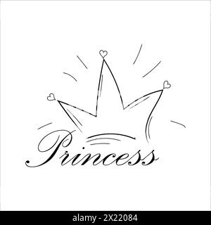 Crown and text princess, black lineart, simple, creative composition isolated on white background. Logo, print modern emblem. Vector illustration Stock Vector