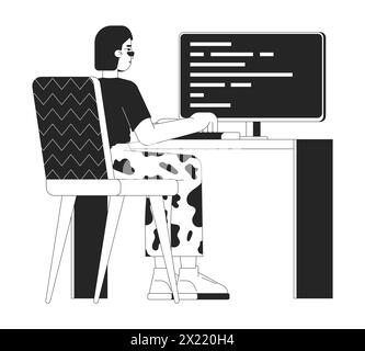 Female web developer at work black and white 2D line cartoon character Stock Vector